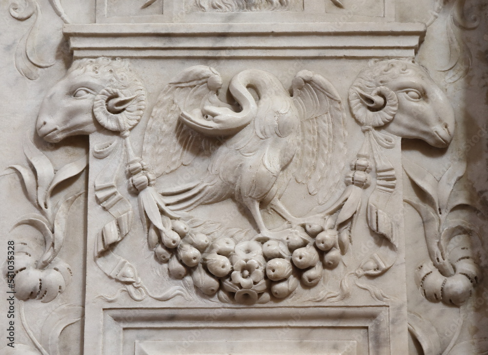 Santa Maria della Pace Church Interior Sculpted Detail with Bird and Ram Heads in Rome, Italy