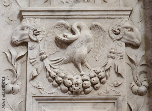 Santa Maria della Pace Church Interior Sculpted Detail with Bird and Ram Heads in Rome, Italy © Monica