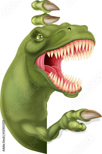 Dinosaur T Rex Peeking and Pointing Sign Cartoon