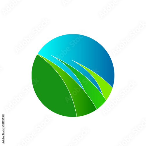 Nature fields, sky, earth concept.Environment circle logo emblem.Modern, geometric, organic style icon isolated on light background.Blue, green color.Abstract circular design.