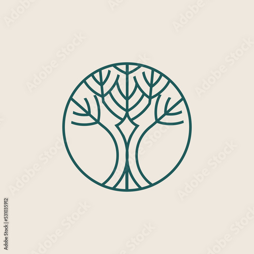 Tree logo.Green nature element isolated on light fund.Decorative lines organic icon for beauty, spa, eco, natural food, environmental brand.Plant sign.Fresh geometric shape.Circular emblem.