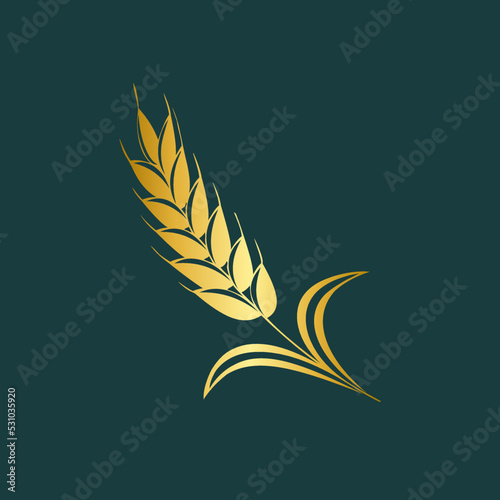 Wheat ear logo.Grain design icon for beer, organic local farm, fresh food, bakery. Vector illustration. Shiny gold color plant. Cereal, agriculture, harvest sign.