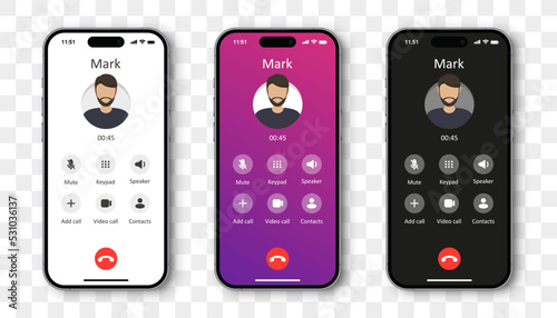 Smartphone with call interface app in screen on a transparent background
