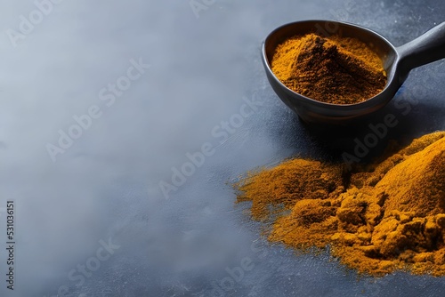Obraz na plátně Spoon of turmeric powder by spilled powder on gray background with copyspace