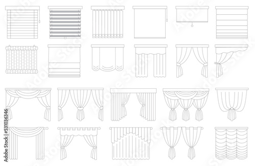 Set of curtains and blinds vector line icons. Includes Icons Such As Blinds, Curtain, Drapery, Drapery, Window And More.