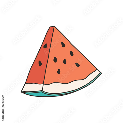 Watermelon wedge - cartoon style vector illustration. Object isolated on white background. Vector isolated icon.