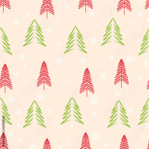 Green and red Christmas trees with snowflakes on a beige background seamless pattern