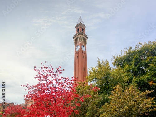 Below view of the Joseph Chamberlain memorial clock tower in Birmingham University, United Kingdom photo