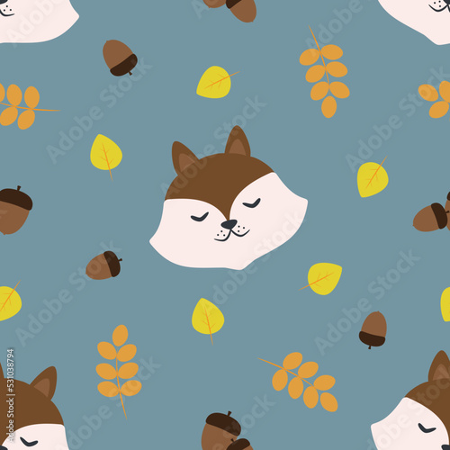 Vector seamless pattern with chipmunks, acorns and leaves in cartoon style