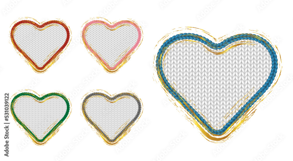Knit hearts in red, pink, blue and green colors with texture inside. Holiday labels for card template or website banner with sale