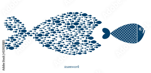 Teamwork concept a lot of small fishes creates team in a shape of big fish and trying to eat bigger fish vector illustration, motivational poster or banner.