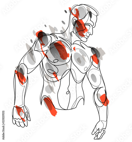 Linear drawing of a perfect body fit model man posing vector illustration isolated, muscular macho sexy guy with naked torso topless.