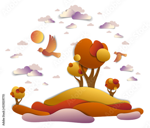 Scenic autumn landscape of meadows and trees, cloudy sky with birds and sun, fall fields and grasslands vector illustration in paper cut kids style. Autumn in countryside, travel and tourism.