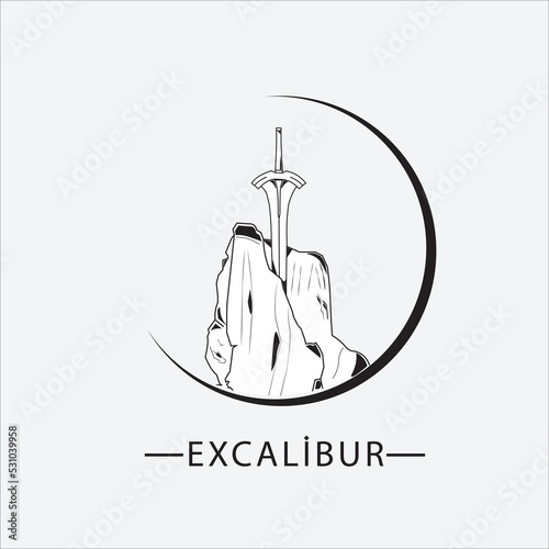Excalibur logo icon with black circle. premium design inspiration, isolated in gray vintage logo, stuck in rock