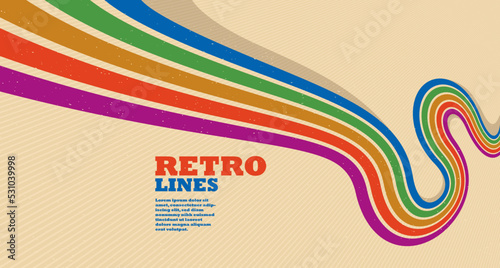 Retro style abstract background with curve lines in all colors of rainbow, 3D dimensional seventieth vector art.