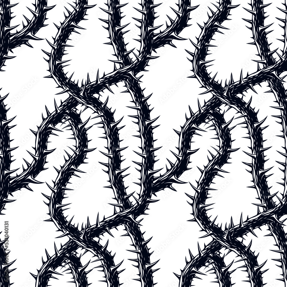 Horror art style horrible seamless pattern, vector background. Blackthorn branches with thorns stylish endless illustration. Hard Rock and Heavy Metal subculture music textile fashion stylish design.