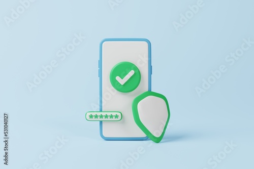 Smartphone with protection shield and pin code password correct mark on blue background. Internet security, privacy concept. 3d rendering