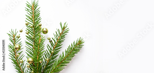 Christmas decorated fir branch on white background