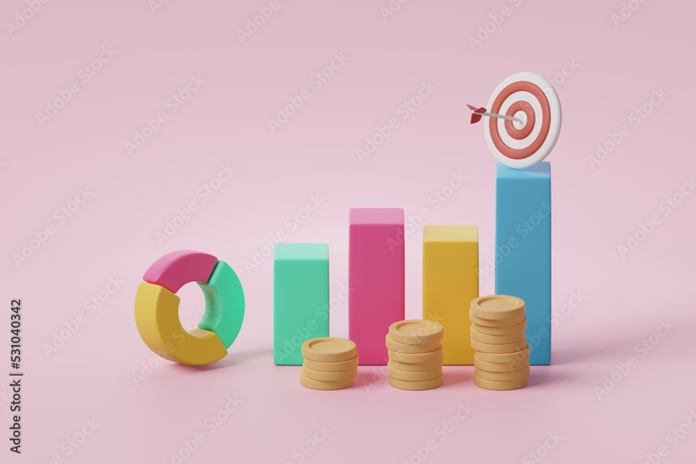 Bar and pie chart graph with target board on pink background. Marketing plan infographic data analysis. Digital diagram information statistic of business sale progress and profit report for management Bar and pie chart graph with target board on pink background. Marketing plan infographic data analysis. Digital diagram information statistic of business sale progress and profit report for management