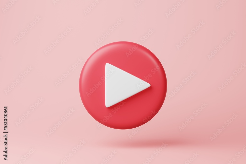 Minimal red video multimedia play button icon on pink background. Audio, movie, media player interface start symbol, sign round circle shape. Digital streaming technology design concept. 3d rendering
