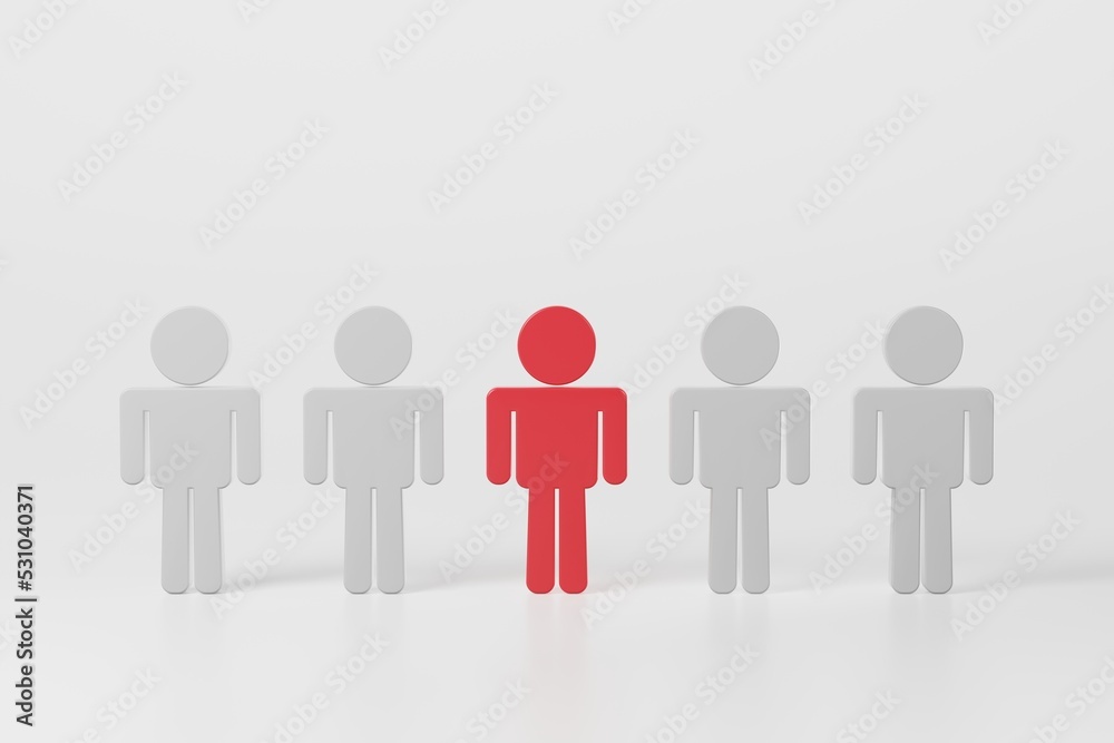 Illustration of red person different standing out in a crowd white people on white background. Red human model with the others in a row of leadership businessman, human resource concept. 3d rendering Illustration of red person different standing out in a crowd white people on white background. Red human model with the others in a row of leadership businessman, human resource concept. 3d rendering