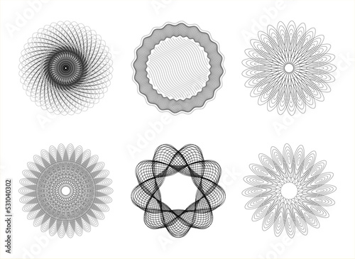 Rosette Guilloche Spirograph Vector Monochrome Graphic Element Set For Certificate, Gift Vouchers, Currency, Diploma, Gift Certificate, Coupon. Isolated On White Background