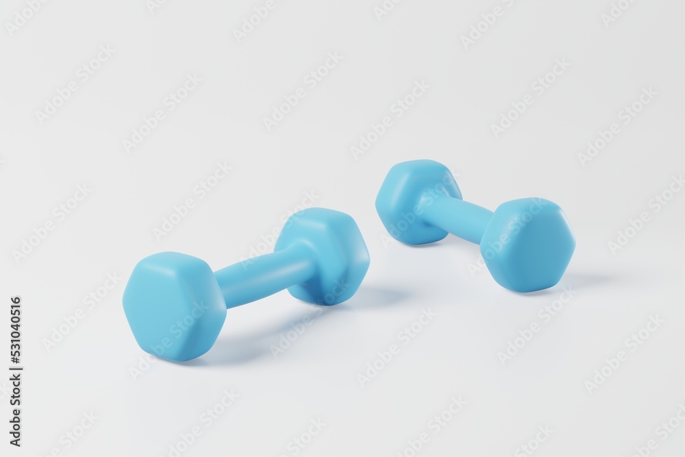 Minimal blue dumbbell isolated on white background. Weight training activity, bodybuilding exercise, daily gym and fitness, dieting for health, sport muscular building equipment concept. 3d rendering Minimal blue dumbbell isolated on white background. Weight training activity, bodybuilding exercise, daily gym and fitness, dieting for health, sport muscular building equipment concept. 3d rendering