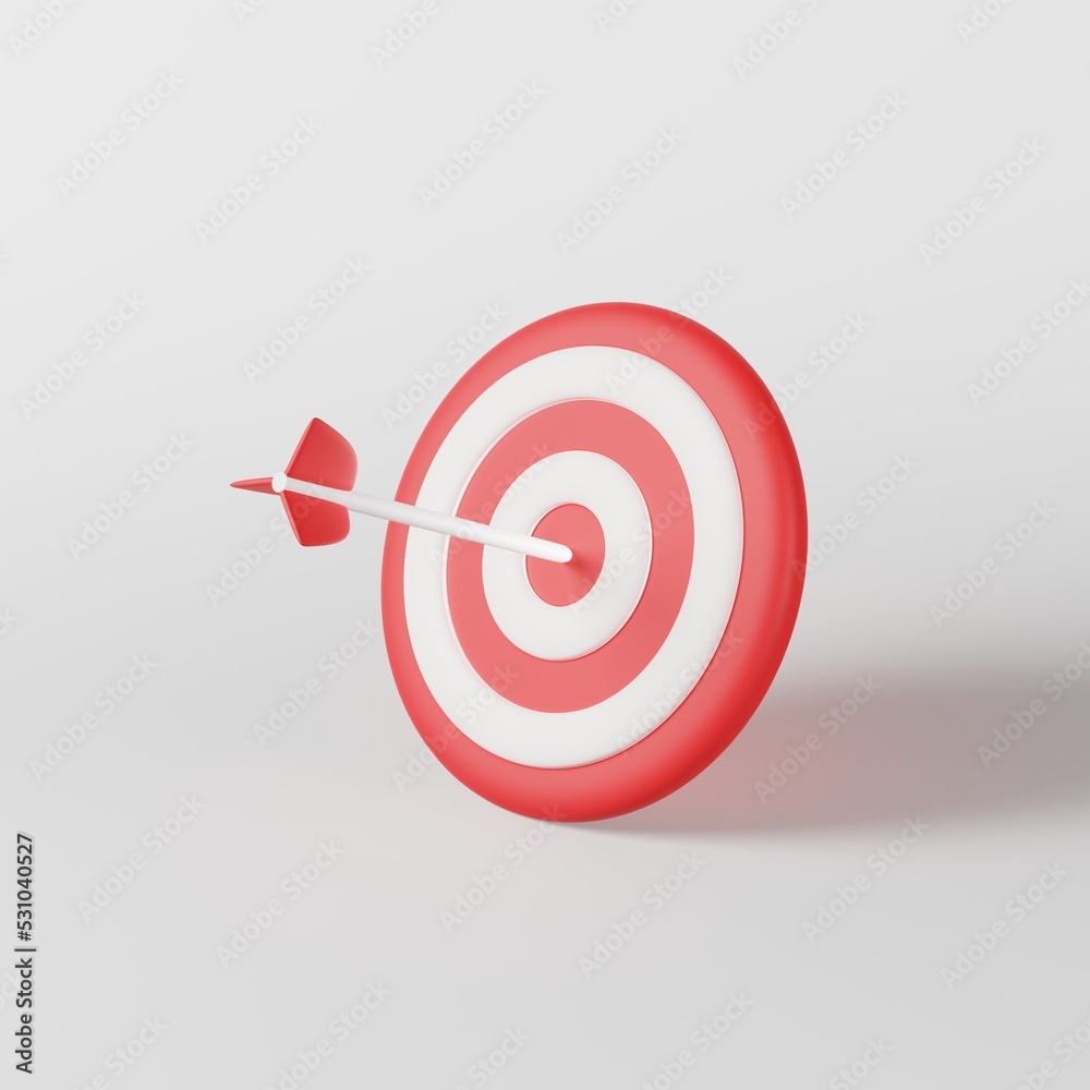 Red white arrow hit the target dart board on white background. Business target strategy bullseye icon sign, Online marketing goal objective management, successful point challenge concept. 3d rendering Red white arrow hit the target dart board on white background. Business target strategy bullseye icon sign, Online marketing goal objective management, successful point challenge concept. 3d rendering