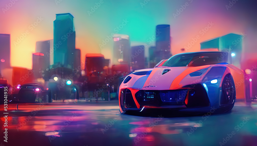 Super Exotic Car in Futuristic Cyberpunk City. Fantasy Backdrop Concept Art Realistic Illustration Video Game Background Digital Painting CG Artwork Scenery Artwork Serious Painting Book Illustration