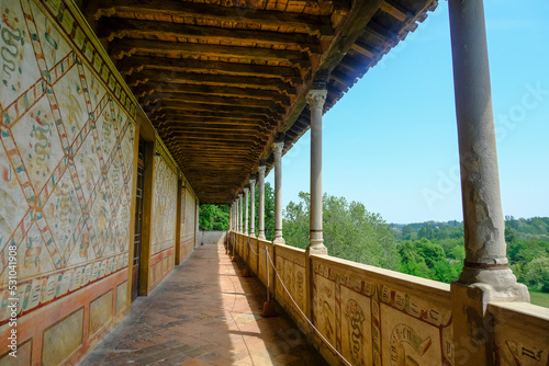 The balcony of the Castle, Castello of Montechiarugolo, Parma, Italy with a mountains view. Building of the castle photo