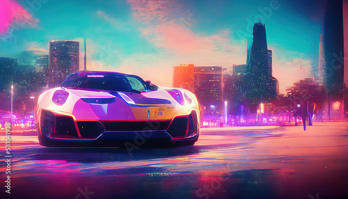 Super Exotic Car in Futuristic Cyberpunk City. Fantasy Backdrop Concept Art Realistic Illustration Video Game Background Digital Painting CG Artwork Scenery Artwork Serious Painting Book Illustration