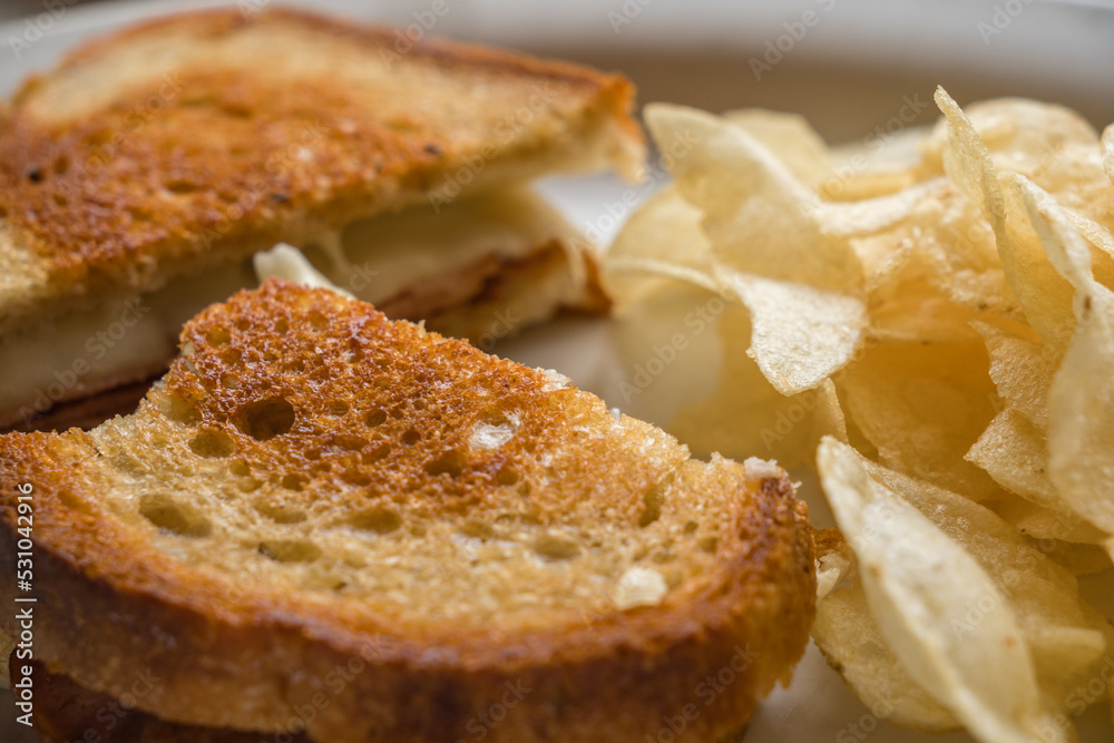 Grilled cheese with ham sandwich on plate with potato chips in a diner.
