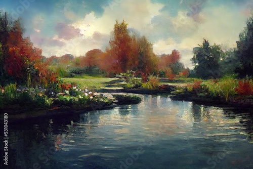 Fotografia A digital oil style painting of Monets garden and water lillies