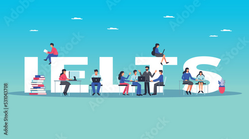 This image consists a banner of IELTS training and some teachers and learners are learning for IELTS exam. International English Language Testing System is called IELTS. Test of English is important.