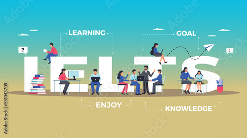 This image consists a banner of IELTS training and some teachers and learners are learning for IELTS exam. International English Language Testing System is called IELTS. Test of English is important.