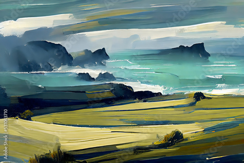 An acrylic style painting of an English coastal scene
