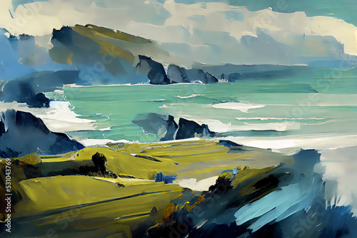An acrylic style painting of an English coastal scene photo