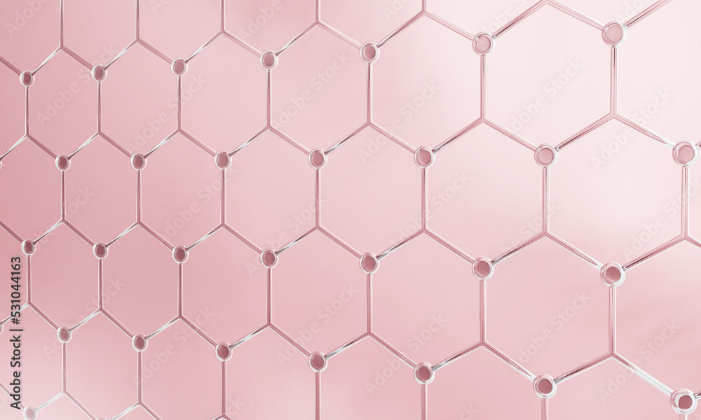 Pink transparency chemical glass hexagonal structure connection network background. Science and cosmetics concept. 3D illustration rendering