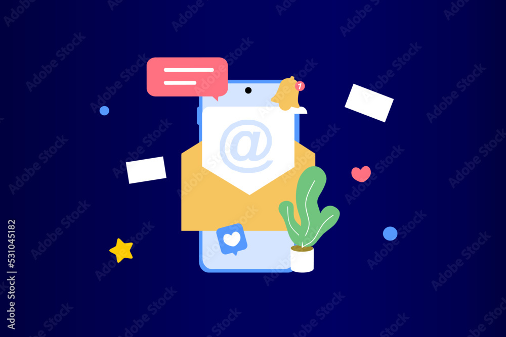 Email marketing template. Digital marketing, e-commerce, social media marketing, business mail, subscribe. Vector illustration concept for website and mobile development. Minimalist flat style.