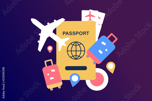 Traveling on airplane, planning for tourism on summer vacation concept. Business trip with passport and travel bag. Online ticket, travel booking and service concept.  Minimalist vector illustration