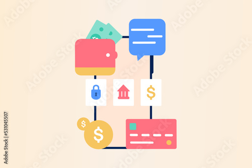 Bill payment with credit card for online shopping. Concept of payment processing, financial transactions, transfer, bank card, e-wallet for buying process, monetary currencies. Vector illustration.