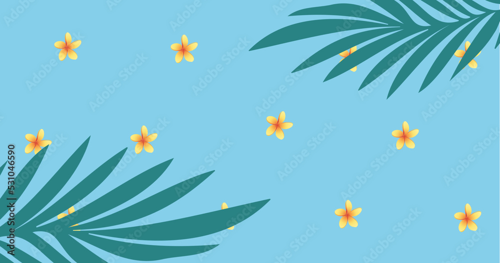 Image of yellow flowers pulsating in formation over tropical leaves on blue background