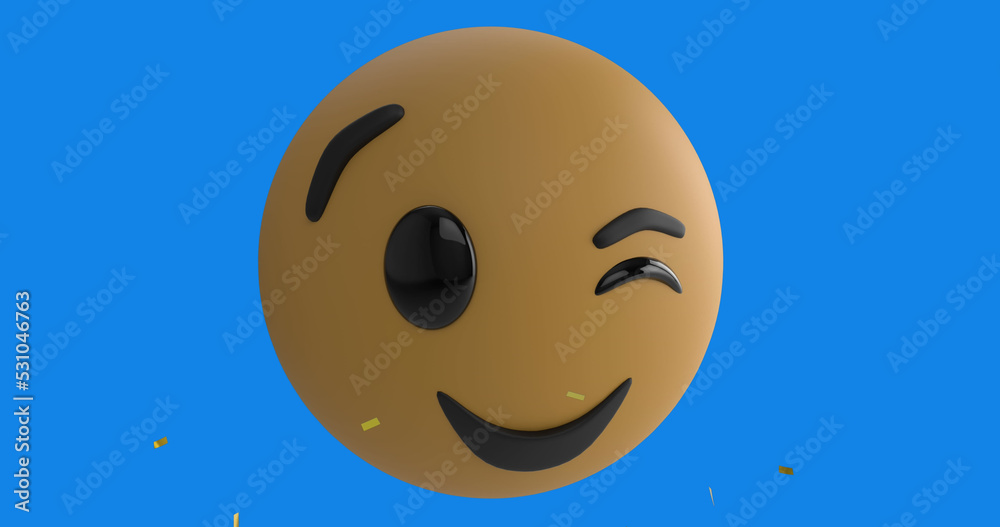 Fototapeta premium Digital image of golden confetti falling over winking face emoji against blue background