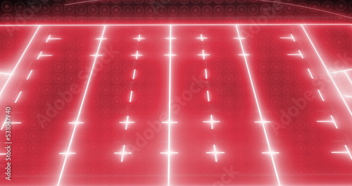 Image of red neon sports stadium over circles in row on black background