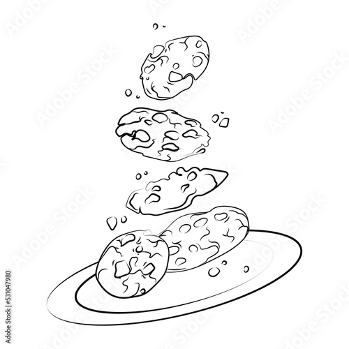 Cookies with chocolate crisps falling into a plate Line art drawing vector isolated illustration.Traditional dessert Bitten, broken, cookie crumbs,hand drawn black white sketch