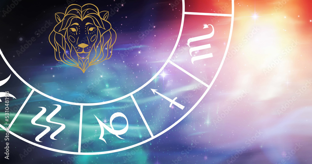 Obraz premium Composition of leo star sign symbol in spinning zodiac wheel over glowing stars