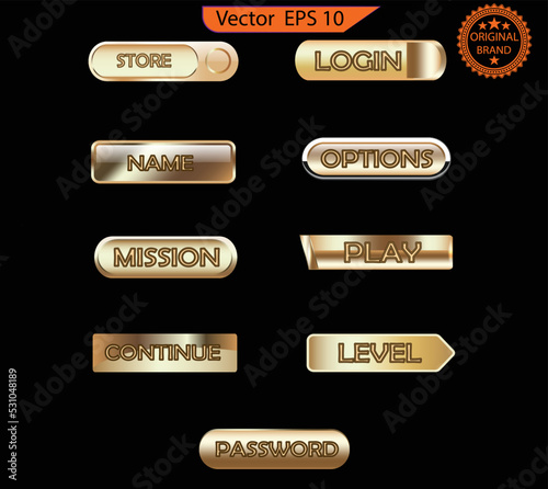 Set of glass gold buttons and sliders, Game UI, game interface, web icons of different forms. Gradient mesh. Button set color gold glossy. 