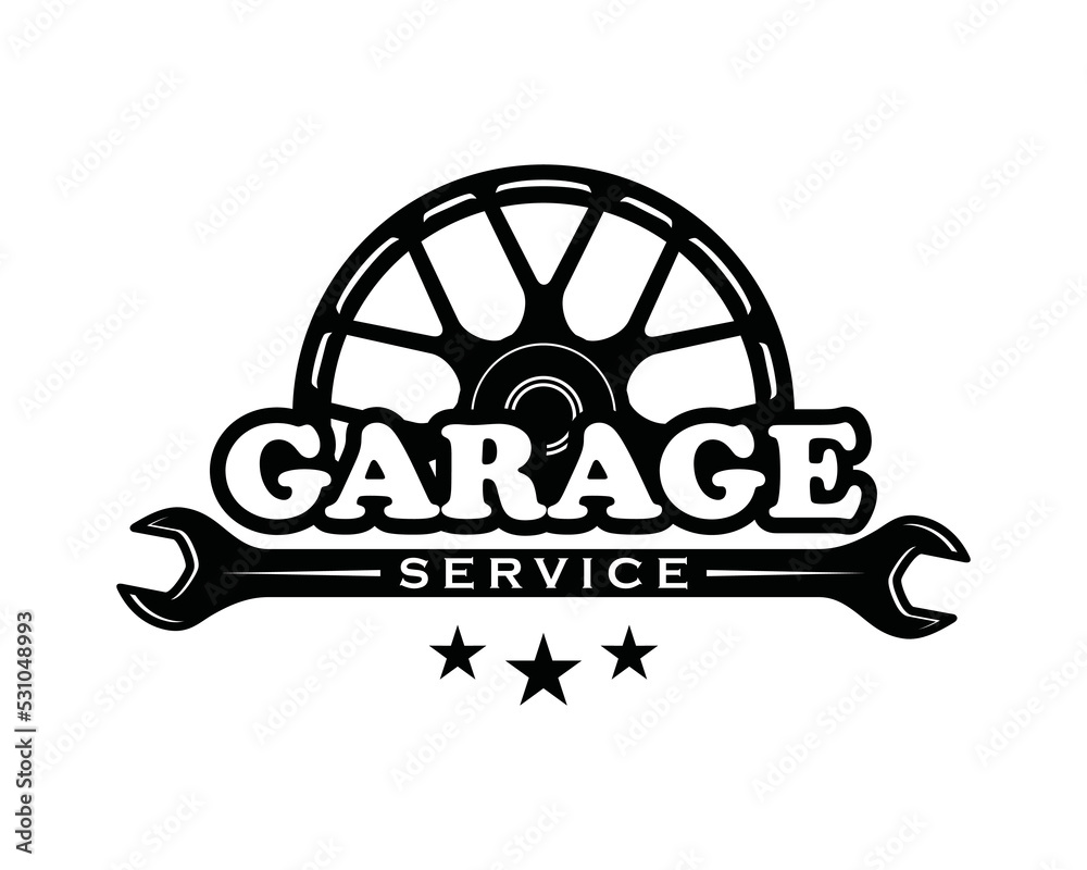 Wrench key with car rim for servicing in the garage car symbol icon