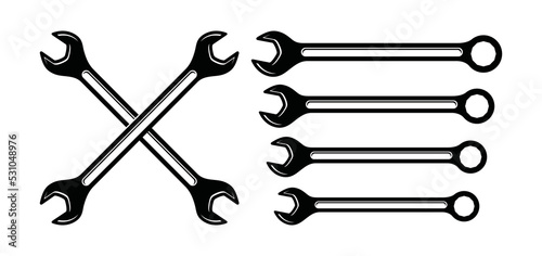 Wrench key for servicing in the garage car symbol icon vector set. Crossed wrench for automotive repair engine car silhouette illustration