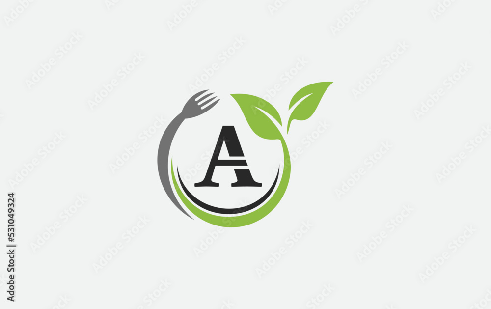 Green leaf nature with spoon and healthy logo design vector spoon fork and leaf Green leaf nature with spoon and healthy logo design vector spoon fork and leaf